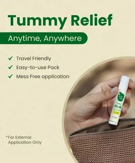 Product for tummy relief with travel-friendly packaging, easy-to-use design, and mess-free application. Mother Sparsh Tummy Roll-On Hing & Sounf Oil, 6 ml go littles product main branch 7