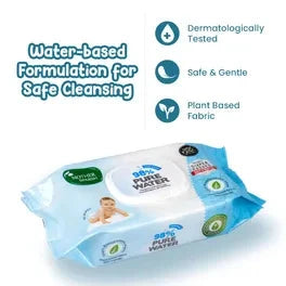 Baby wipes packaging with water-based formulation for safe cleansing on a white background. Mothersparsh_98_Pure_Water_Babywipes_72s_Pack_of_2_product_image 2
