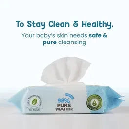 Baby wipes with text about keeping babies clean and healthy. Mothersparsh_98_Pure_Water_Babywipes_72s_Pack_of_2_product_image 