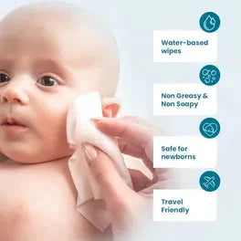 Baby being cared for with water-based wipes, emphasizing safety and ease of use. Mothersparsh_98_Pure_Water_Babywipes_72s_Pack_of_2_product_image 
