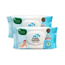 Two packs of baby wipes with a baby icon on a white background. Mothersparsh 98% Pure Water Babywipes 72s Pack of 2