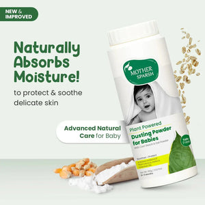 Mother Sparsh dusting powder for babies with packaging and ingredients on a light background. Mothersparsh Plant Powered Dusting Powder for Babies 100gm go littles product image 2