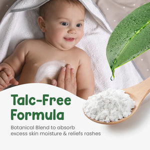 Baby with soap suds, wooden spoon with powder, and green leaf on a white background. Mothersparsh Plant Powered Dusting Powder for Babies 100gm go littles product image 3