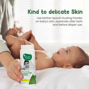 Baby lying on a bed with a bottle of Mother Sparsh Dusting Powder, emphasizing its use on delicate skin. Mothersparsh Plant Powered Dusting Powder for Babies 100gm go littles product image 4
