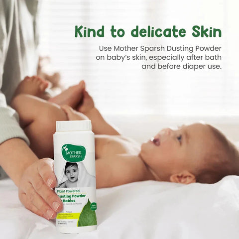 Baby lying on a bed with a bottle of Mother Sparsh Dusting Powder, emphasizing its use on delicate skin. Mothersparsh Plant Powered Dusting Powder for Babies 100gm go littles product image 4