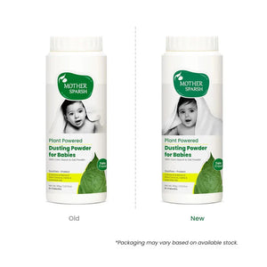 Two bottles of Mother Sparsh dusting powder for babies, one labeled 'Old' and the other 'New'. Mothersparsh Plant Powered Dusting Powder for Babies 100gm go littles product image 5