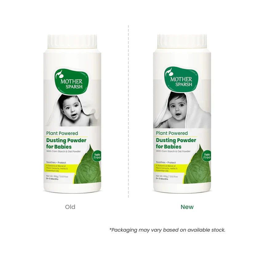 Two bottles of Mother Sparsh dusting powder for babies, one labeled 'Old' and the other 'New'. Mothersparsh Plant Powered Dusting Powder for Babies 100gm go littles product image 5