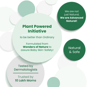 Promotional graphic for a plant-powered initiative with green and white text on a light background. Mothersparsh Plant Powered Dusting Powder for Babies 100gm go littles product image 6