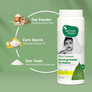Mother Sparsh baby dusting powder with ingredients and benefits on a green background. Mothersparsh Plant Powered Dusting Powder for Babies 100gm go littles product image 7