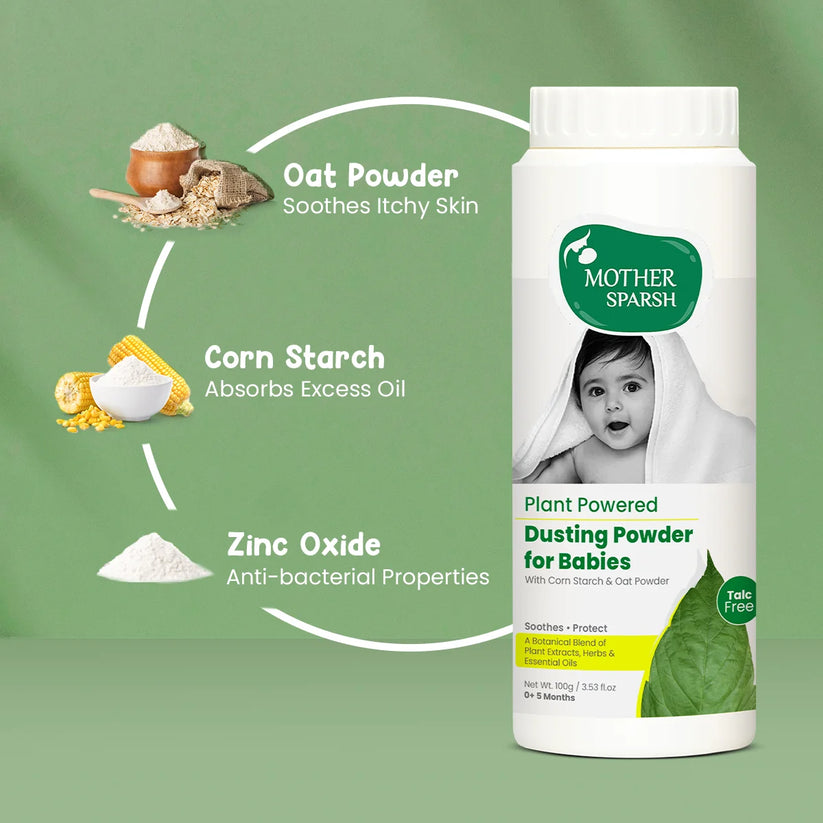 Mother Sparsh baby dusting powder with ingredients and benefits on a green background. Mothersparsh Plant Powered Dusting Powder for Babies 100gm go littles product image 7
