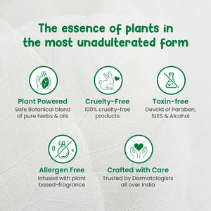 Green text and icons on a light gray background highlighting plant-based product features. Mothersparsh Plant Powered Dusting Powder for Babies 100gm go littles product image 8