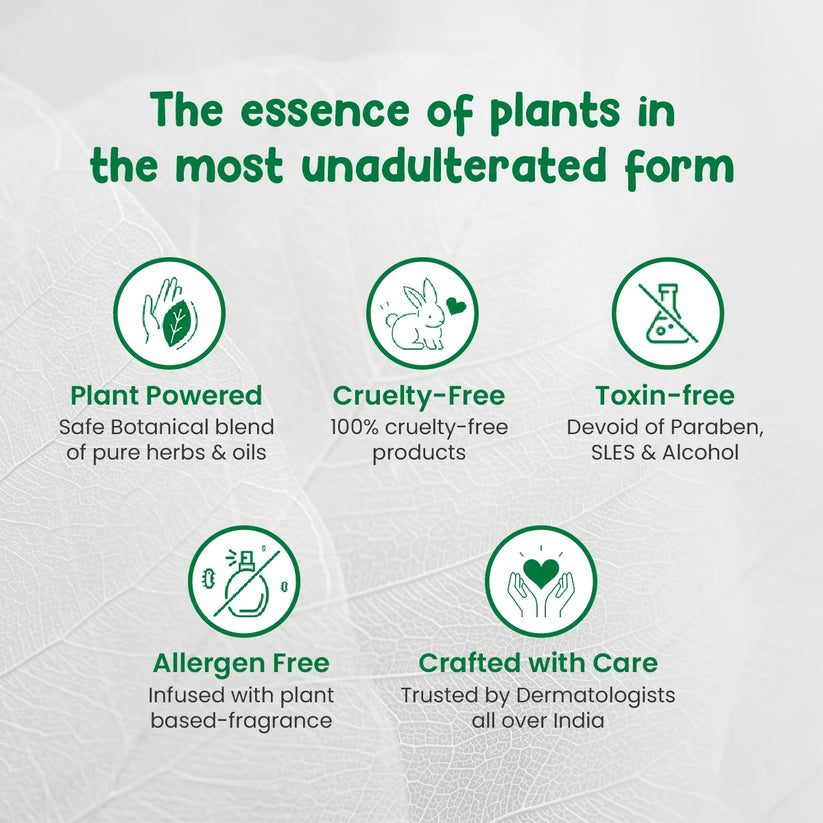 Green text and icons on a light gray background highlighting plant-based product features. Mothersparsh Plant Powered Dusting Powder for Babies 100gm go littles product image 8