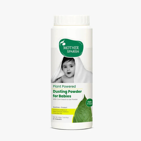 Mother Sparsh dusting powder for babies on a white background. Mothersparsh Plant Powered Dusting Powder for Babies 100gm go littles product main image