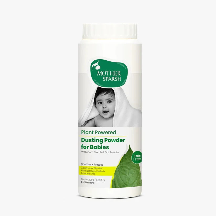 Mother Sparsh dusting powder for babies on a white background. Mothersparsh Plant Powered Dusting Powder for Babies 100gm go littles product main image