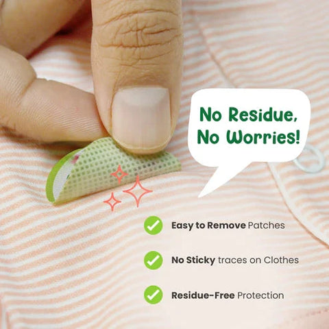 Hand applying a green patch with text 'No Residue, No Worries!' and benefits listed. Mothersparsh Repellent Patches (24pcs Pack) go littles product image 4
