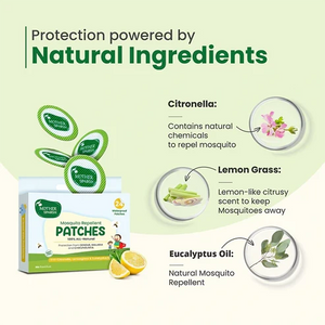 Mosquito repellent patches packaging with natural ingredients labeled on a light green background Mothersparsh Repellent Patches (24pcs Pack) go littles product image 5