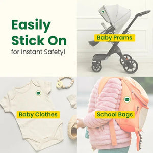 Product with labels for baby clothes, school bags, and baby prams on a white background. Mothersparsh Repellent Patches (24pcs Pack) go littles product image 6