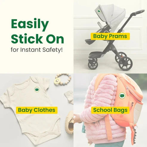 Product with labels for baby clothes, school bags, and baby prams on a white background. Mothersparsh Repellent Patches (24pcs Pack) go littles product image 6
