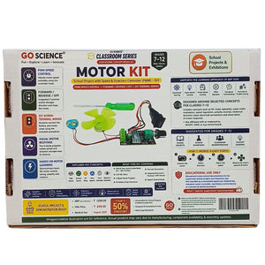 The back of the retail packaging box for the GO Science Classroom Series Motor Kit, featuring product specifications, features, and educational content on a white background.