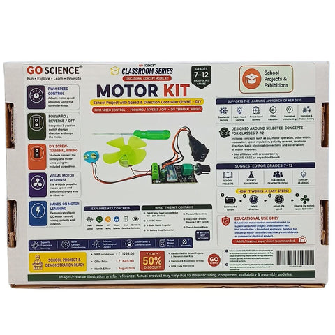 The back of the retail packaging box for the GO Science Classroom Series Motor Kit, featuring product specifications, features, and educational content on a white background.