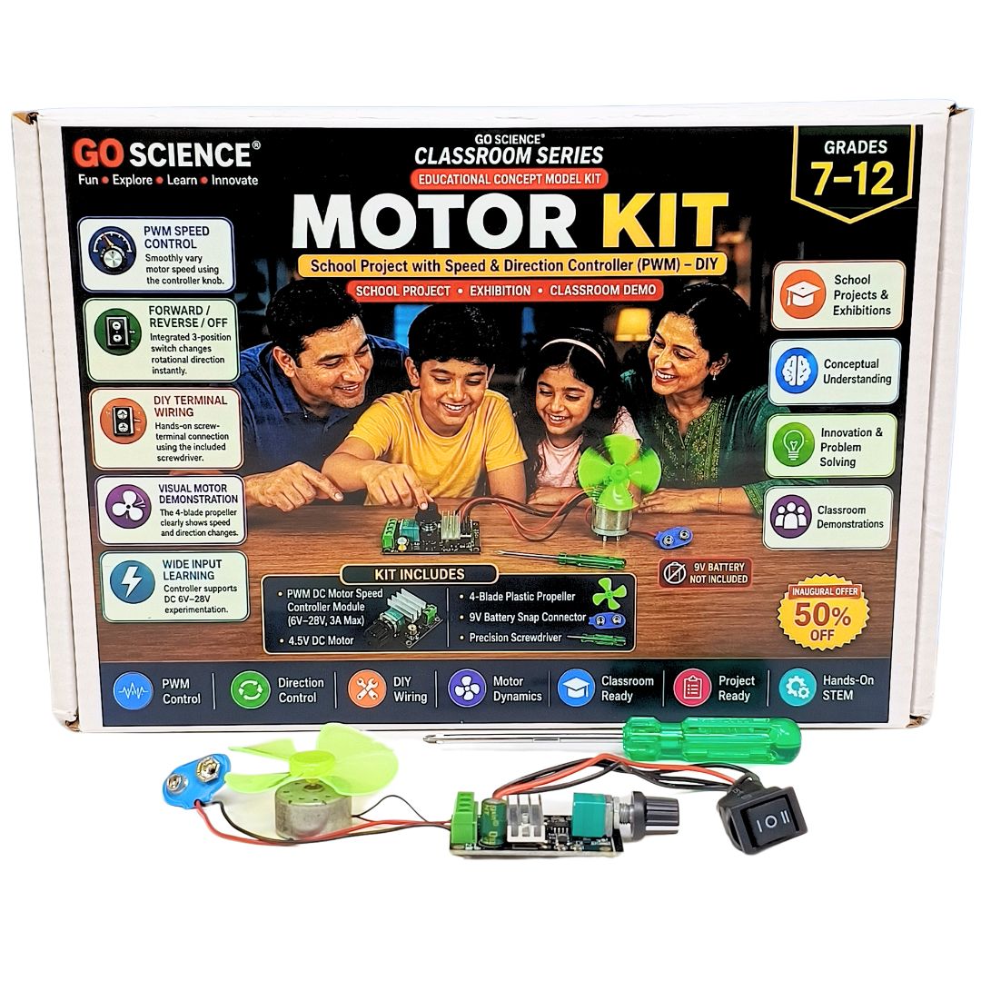 Go Science Classroom Series Motor Kit School project in its retail box, displayed with its contents including a small green fan, DC motor, switch, wires, and a green screwdriver on a white background.
