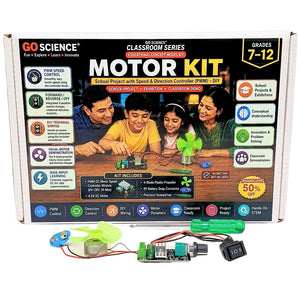Go Science Classroom Series Motor Kit School project in its retail box, displayed with its contents including a small green fan, DC motor, switch, wires, and a green screwdriver on a white background.