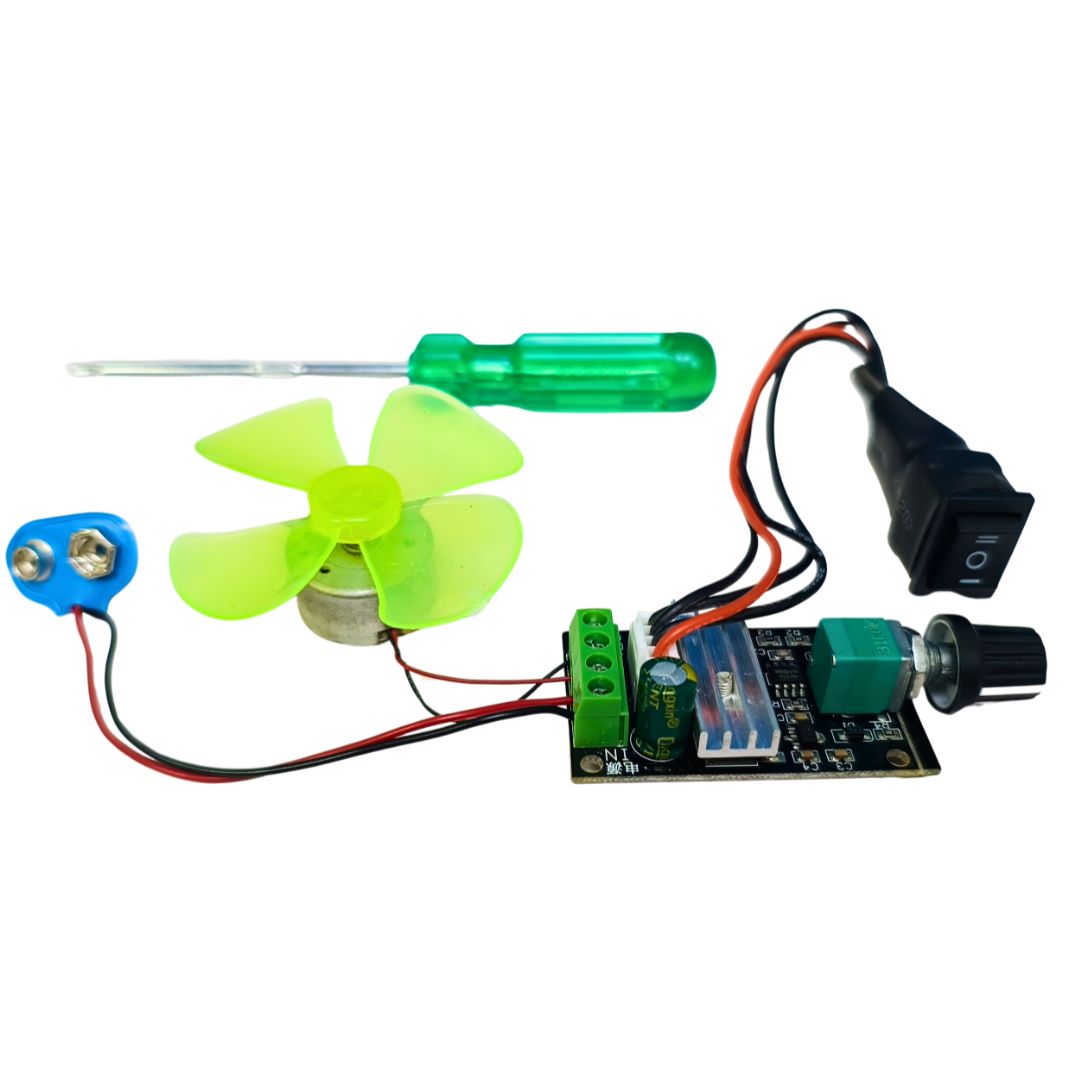 Go Science Classroom Series Motor Kit School Project , A DIY electronic fan kit on a white background, including a green LED fan, a black power switch, a green screwdriver, a blue battery, a rotary knob, and a circuit board.
