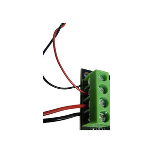 A green 3-pin screw terminal connector block with red and black wires attached, shown on a plain white background. Motor kit for School Project with Speed & Direction Controller (PWM) - DIY  project image 5 by go science classroom series
