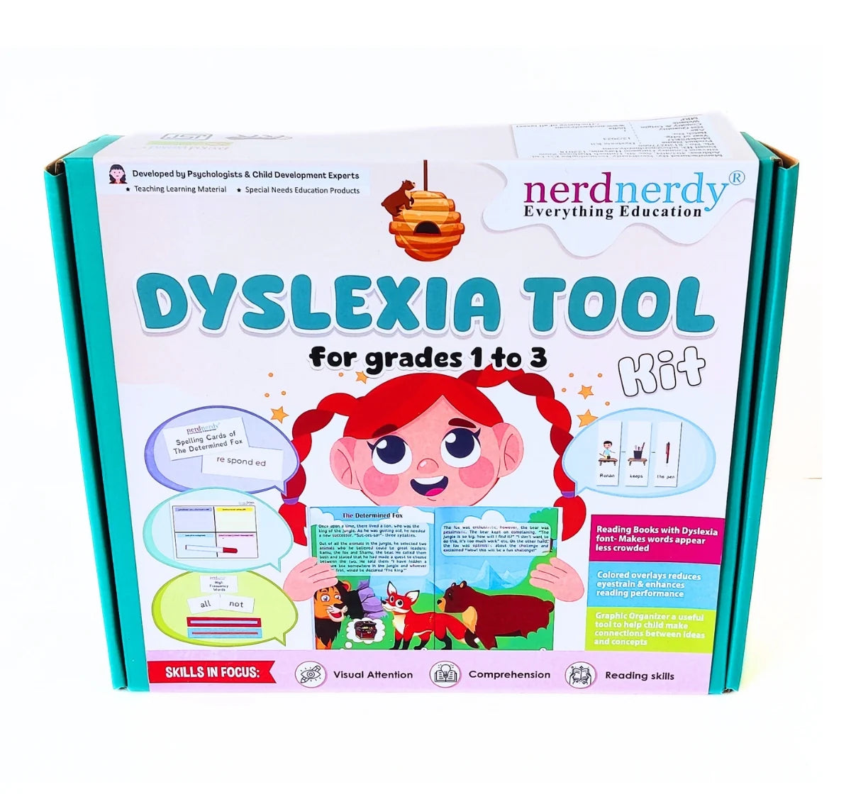 Dyslexia tool kit packaging for grades 1 to 3 with colorful design and text. NerdNerdy Dyslexia Kit/ learning disability kit available at Go Science image 