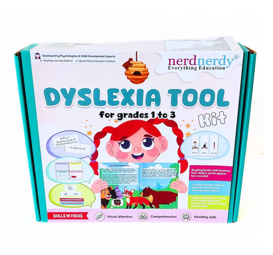Dyslexia tool kit packaging for grades 1 to 3 with colorful design and text. NerdNerdy Dyslexia Kit/ learning disability kit available at Go Science image 