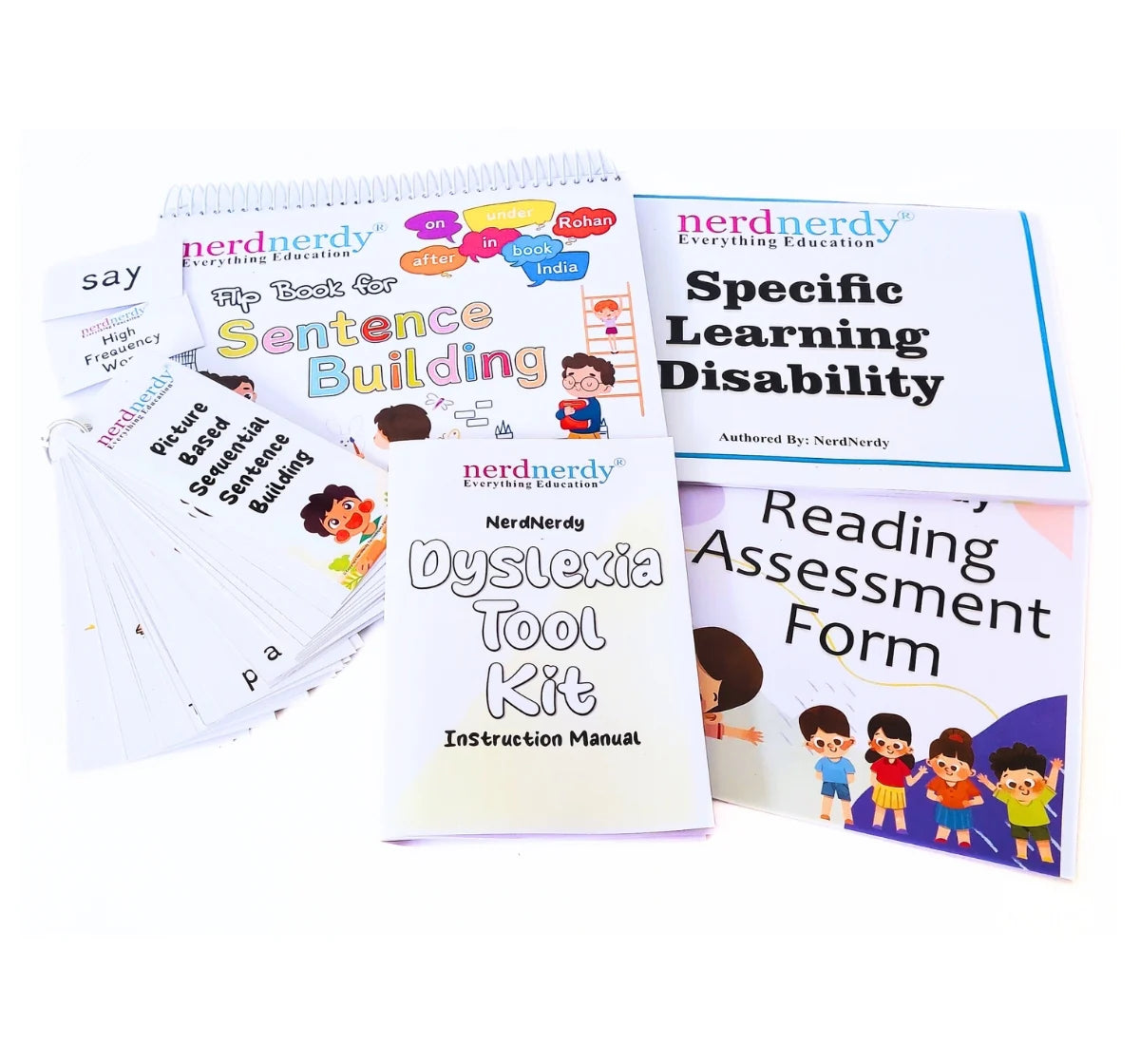 Nerd Nerdy Dyslexia Tool Kit with various educational materials on a white background. NerdNerdy Dyslexia Kit/ learning disability kit available at Go Science image 3