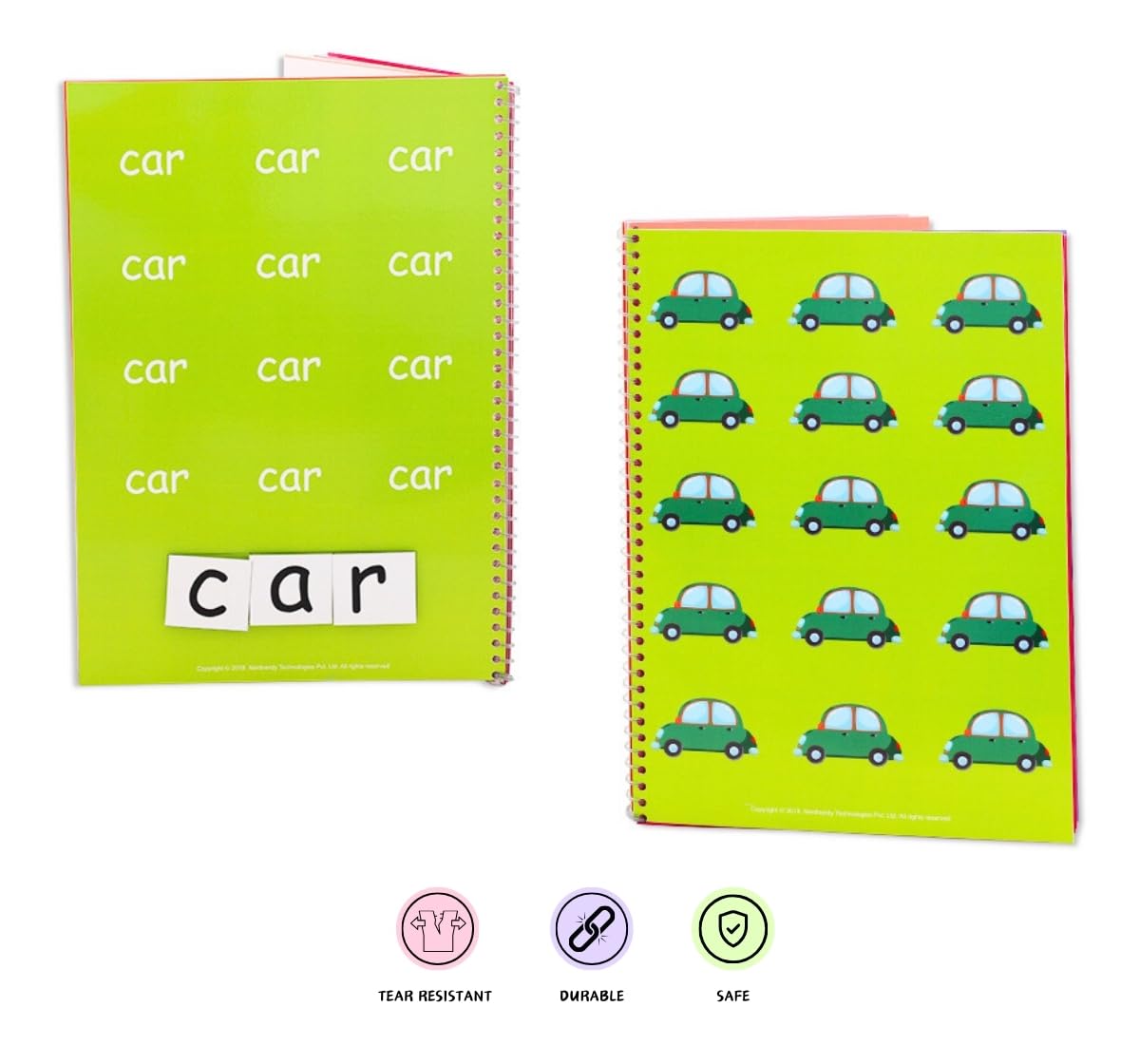Two green notebooks with car-themed designs on a white background. NerdNerdy's Speech Booklet Level 1 for Children with Special Needs available at Go Science_image_3
