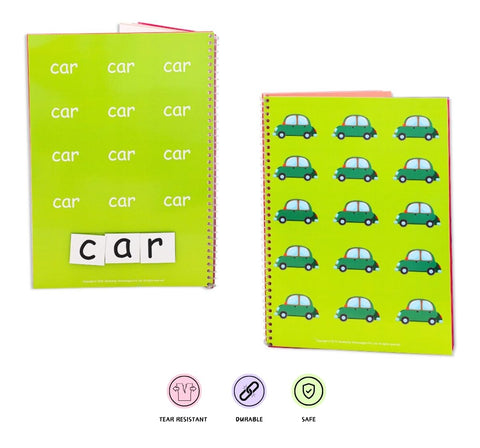 Two green notebooks with car-themed designs on a white background. NerdNerdy's Speech Booklet Level 1 for Children with Special Needs available at Go Science_image_3