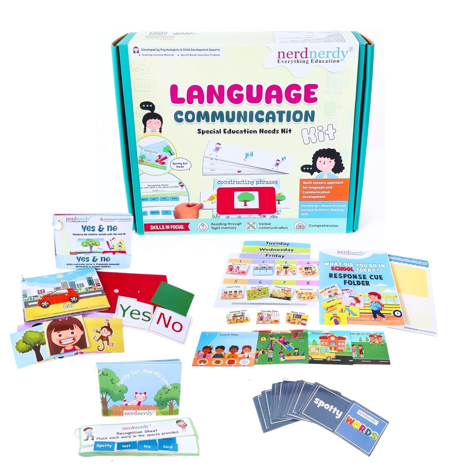 Nerd Nerdly Language Communication Special Education Needs Kit with cards and materials on a white background. Nerd Nerdly Language Communication Special Education Needs Kit available at go science_image 