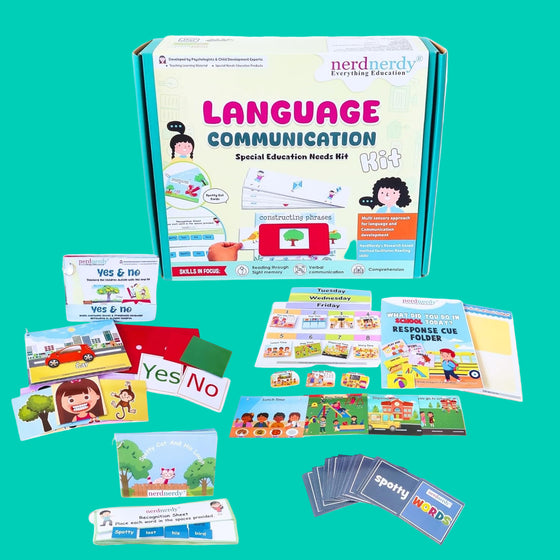 Nerd Nerdly Language Communication Special Education Needs Kit with cards and materials on a white background. Nerd Nerdly Language Communication Special Education Needs Kit available at go science_image 
