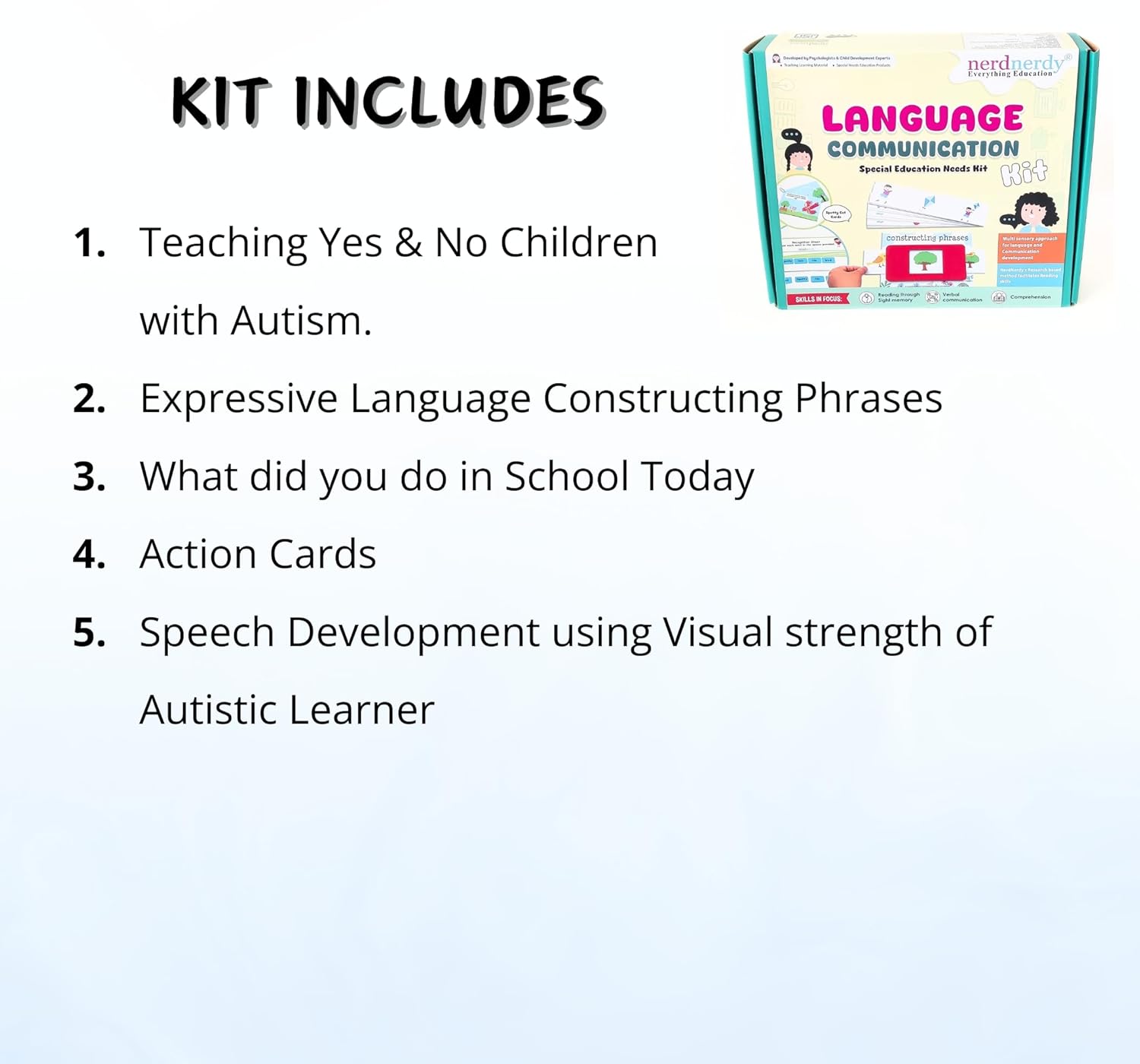 Kit contents list for teaching language development with autism, including a visual of the kit packaging. Nerd Nerdly Language Communication Special Education Needs Kit available at go science_image 3
