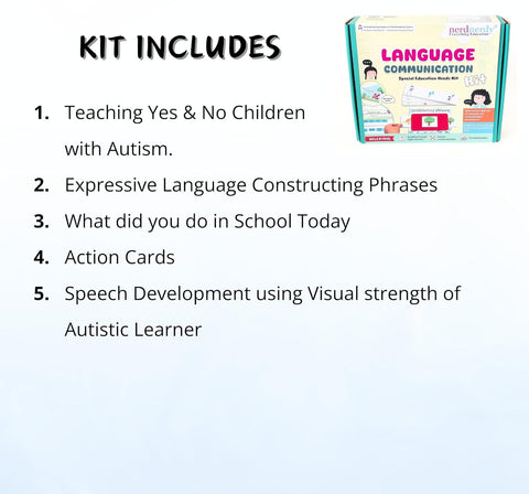 Kit contents list for teaching language development with autism, including a visual of the kit packaging. Nerd Nerdly Language Communication Special Education Needs Kit available at go science_image 3
