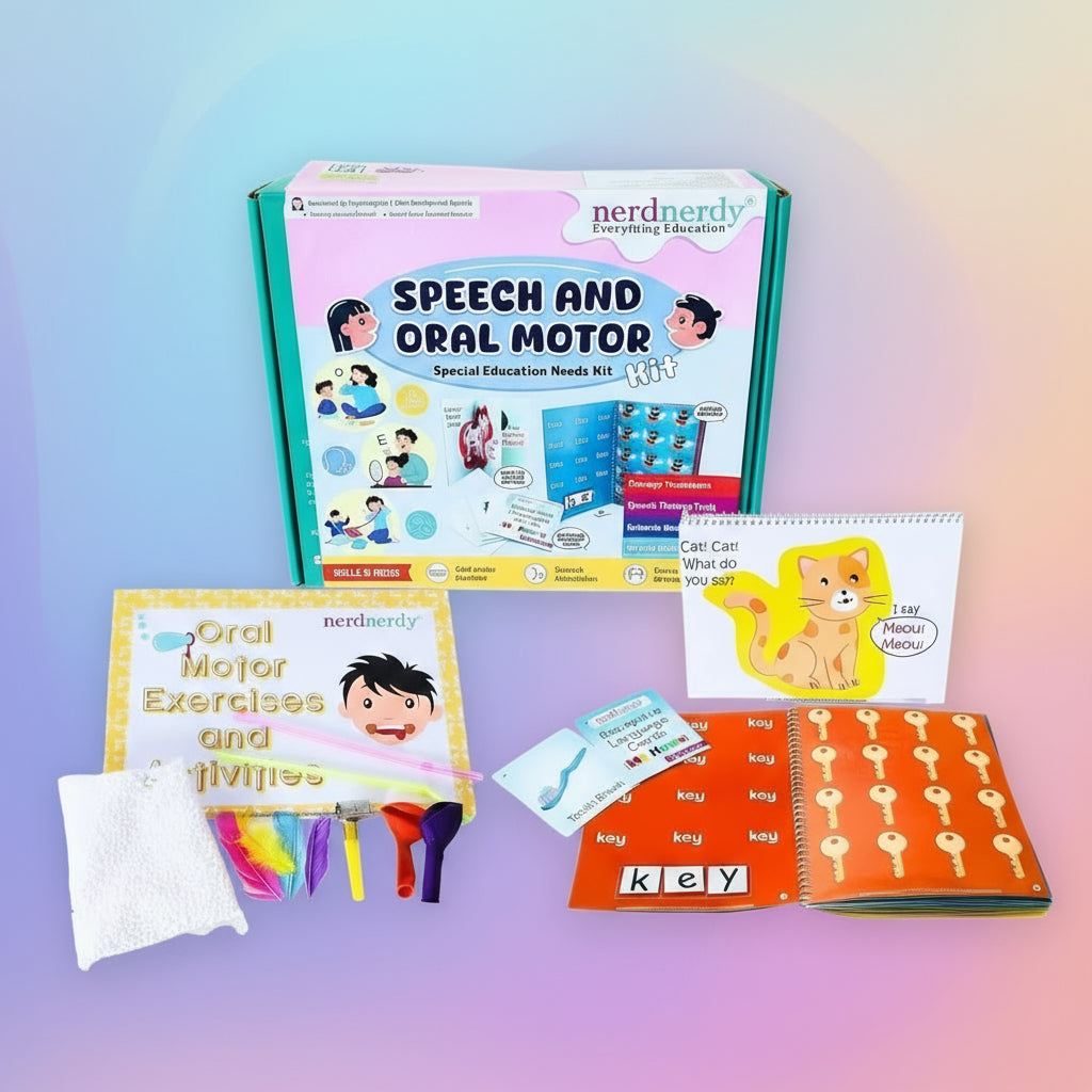 Nerd Nerdly Speech and Oral Motor educational kit with books and materials on a white background. Nerd Nerdy Speech & Oral Motor Kit for special needs available at Go Science image