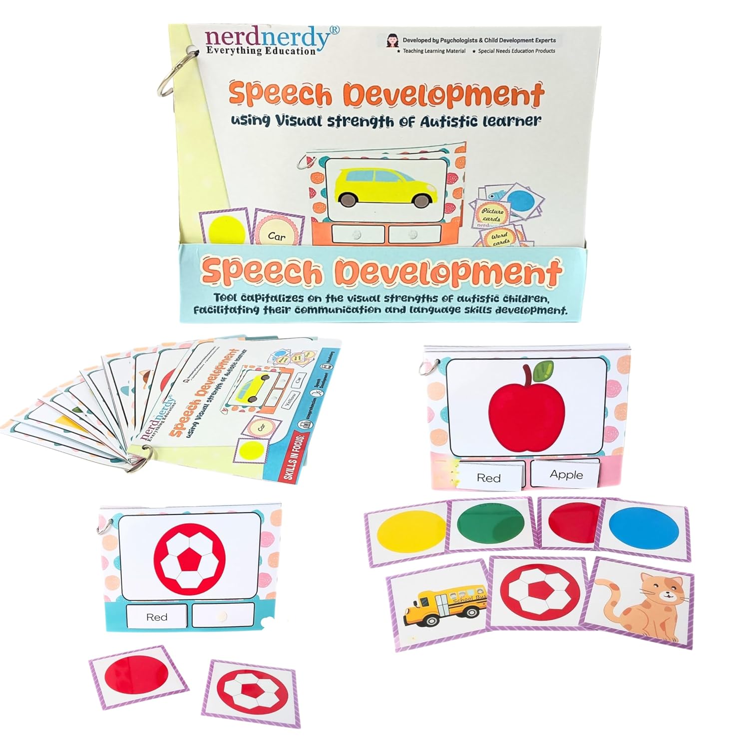 Educational materials for speech development with cards and posters on a white background. Nerdnerdy Speech Development Using Visual Strength of Autistic Learner_available at Go Science_image 1