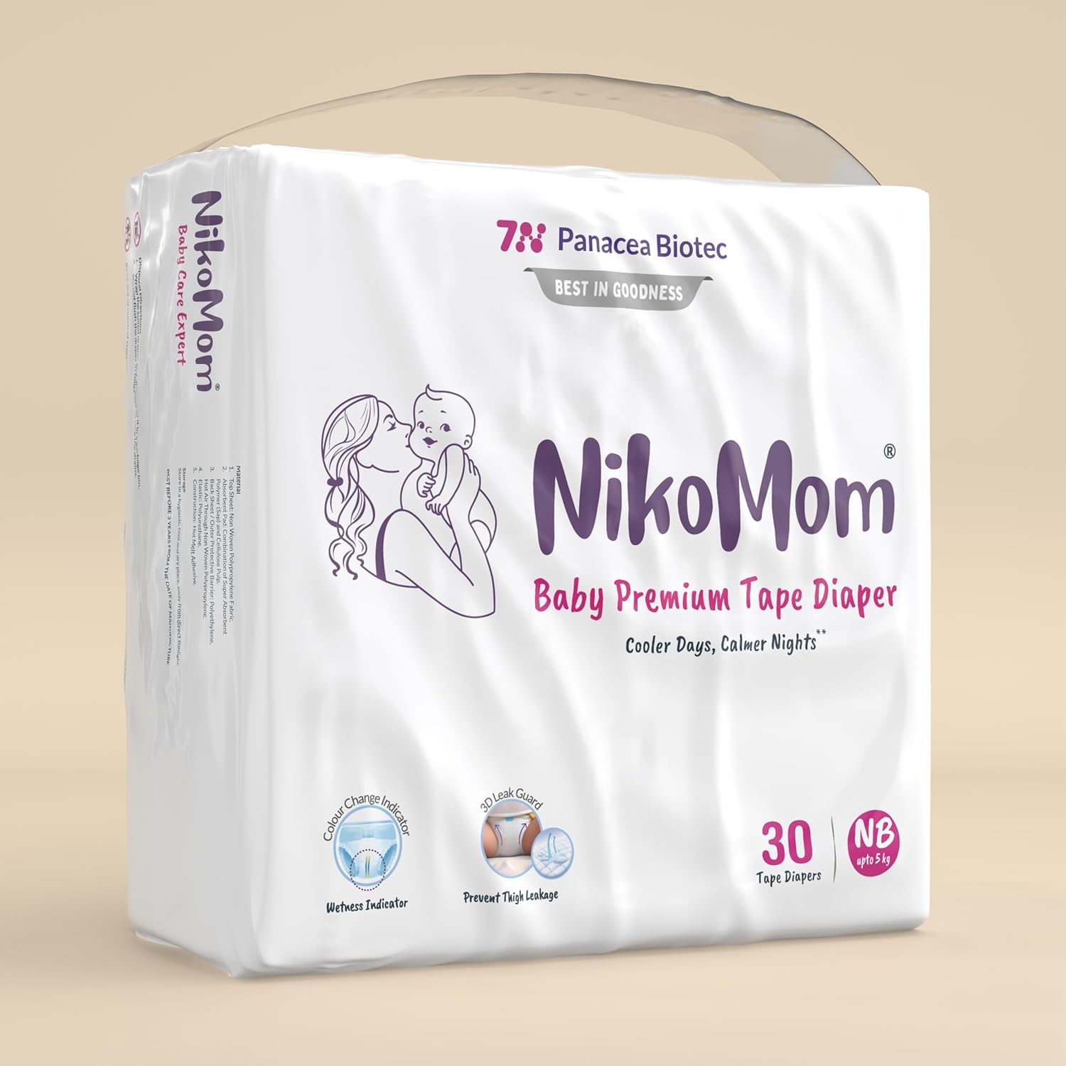 NikoMom baby premium tape diaper package on a beige background.  NikoMom Tape Diaper New Born go littles product main image