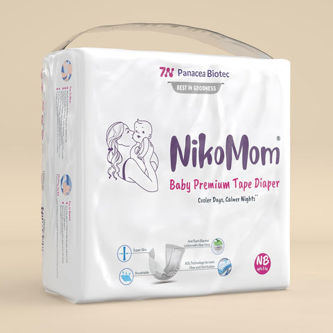 NikoMom baby premium tape diaper package on a beige background.  NikoMom Tape Diaper New Born go littles product main image 3