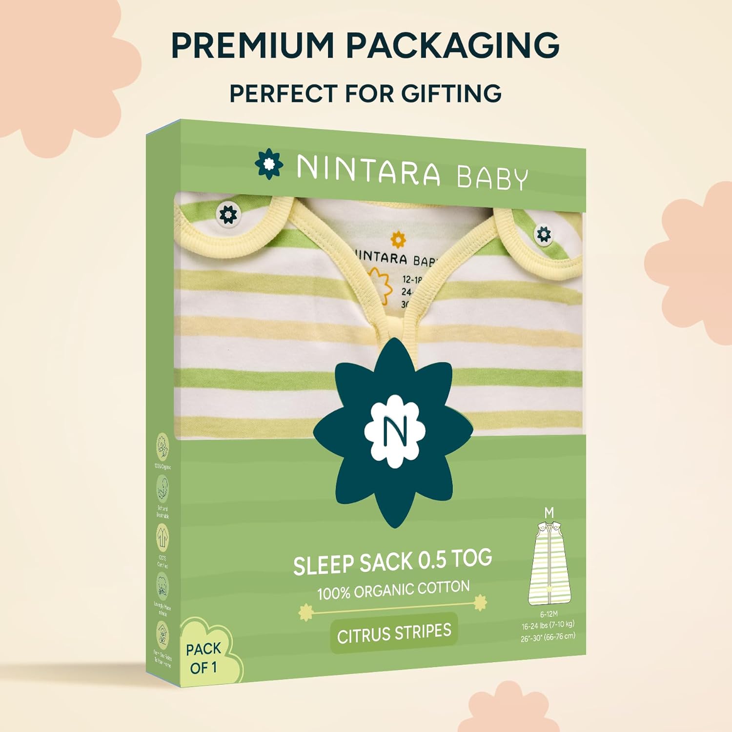 Nintara Baby sleep sack packaging with green box and product image on a beige background. Nintara 0.5 TOG Sleep Sack - Citrus Stripes (M) 9 - 15 Months go littles product image 10