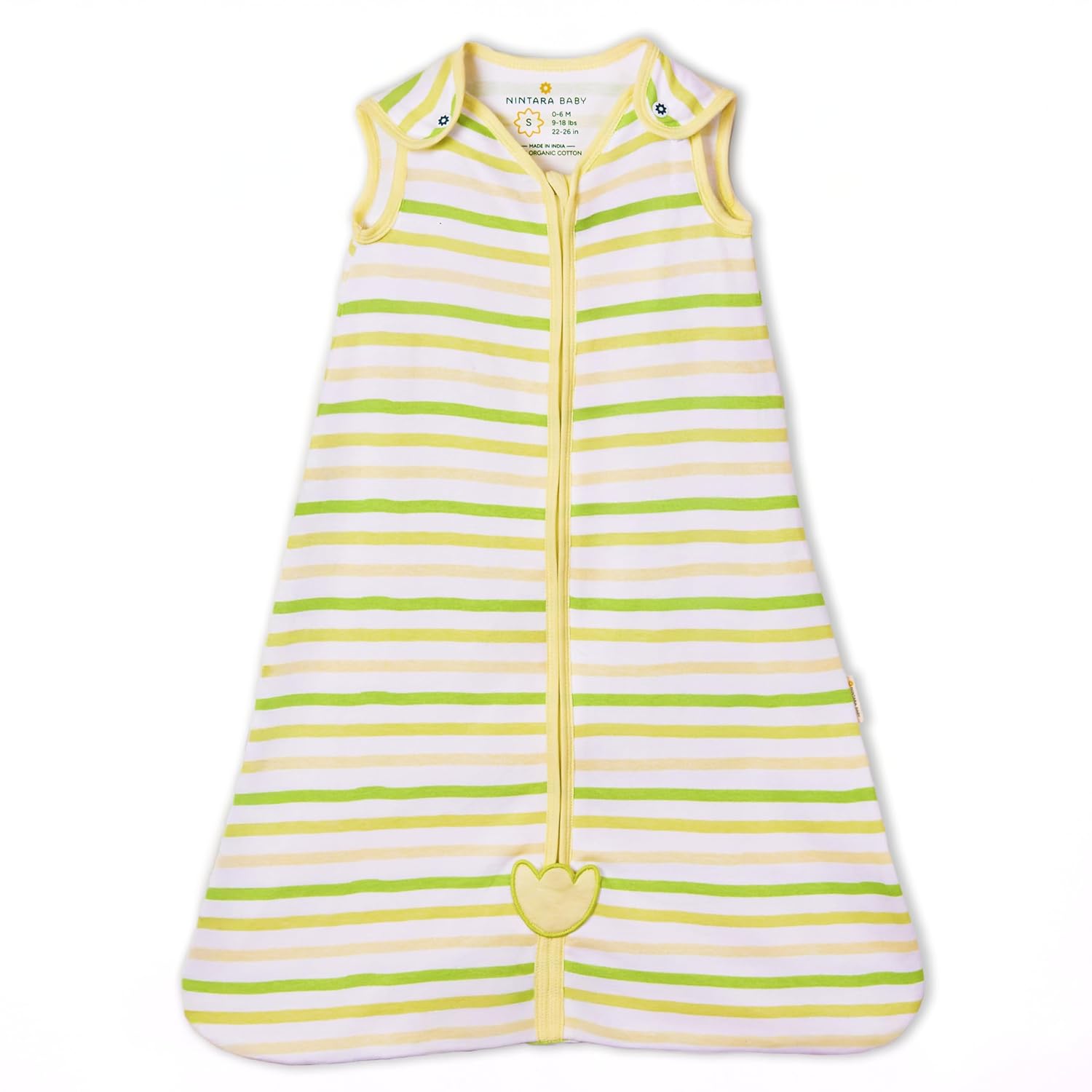 Striped baby sleeping bag with yellow and green stripes on a white background. Nintara 0.5 TOG Sleep Sack - Citrus Stripes (M) 9 - 15 Months go littles product image 3