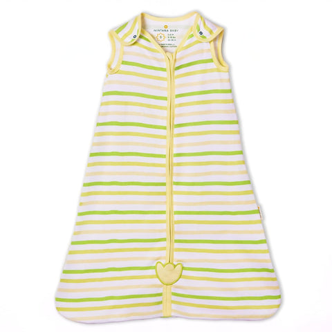Striped baby sleeping bag with yellow and green stripes on a white background. Nintara 0.5 TOG Sleep Sack - Citrus Stripes (M) 9 - 15 Months go littles product image 3