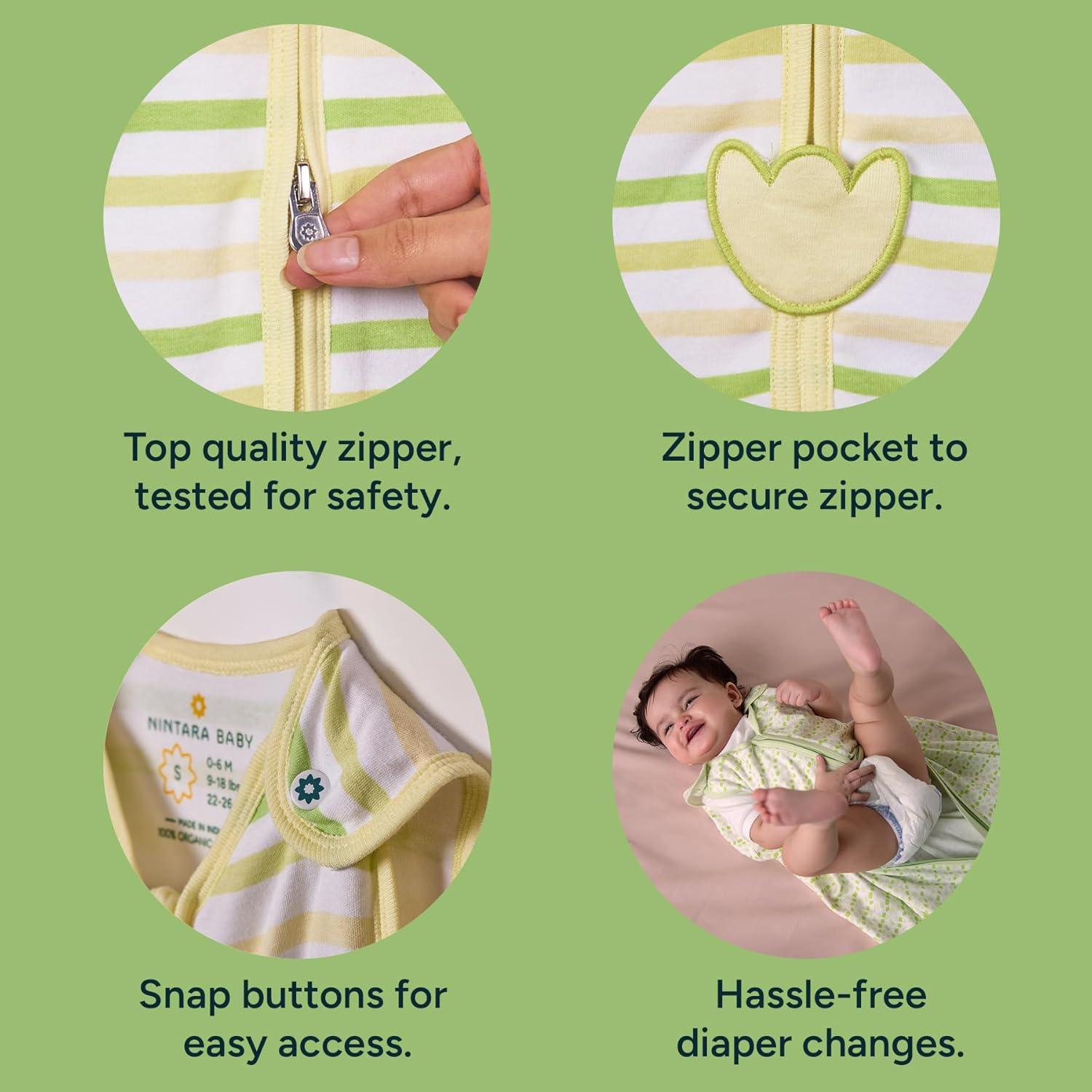 Product features with text on a green background. Nintara 0.5 TOG Sleep Sack - Citrus Stripes (M) 9 - 15 Months go littles product image 5