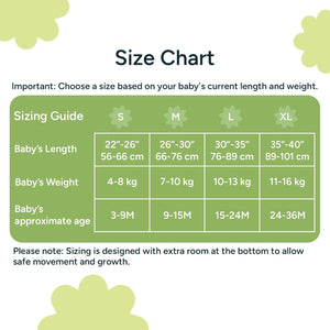 Baby size chart with length, weight, and age categories on a white background. Nintara 0.5 TOG Sleep Sack - Citrus Stripes (M) 9 - 15 Months go littles product image 6