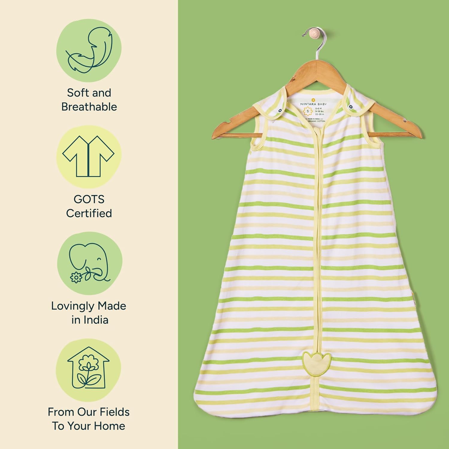 Striped baby sleeping bag on a hanger with certification icons on a green background.Nintara 0.5 TOG Sleep Sack - Citrus Stripes (M) 9 - 15 Months go littles product image 9