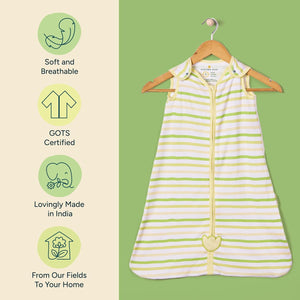 Striped baby sleeping bag on a hanger with certification icons on a green background.Nintara 0.5 TOG Sleep Sack - Citrus Stripes (M) 9 - 15 Months go littles product image 9