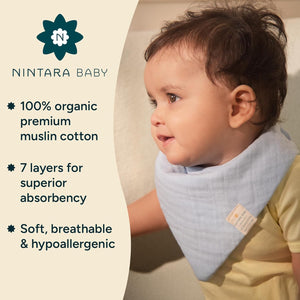 Baby wearing a light blue Nintara Baby bib with product features listed on the left. Nintara Baby Bandana Bibs  Set of 2 Golden Flutter Pack go littles product image 2