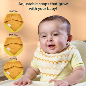 Baby wearing a yellow bib with adjustable snap options displayed on an orange background. Nintara Baby Bandana Bibs  Set of 2 Golden Flutter Pack go littles product image 4